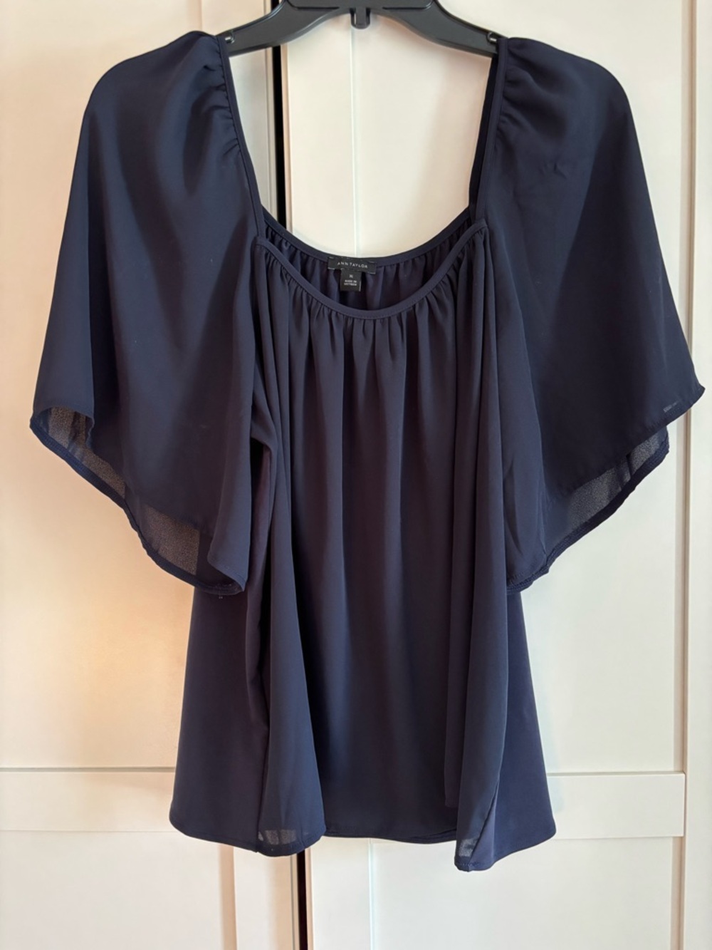 Ann Taylor Navy Flutter Sleeve Blouse